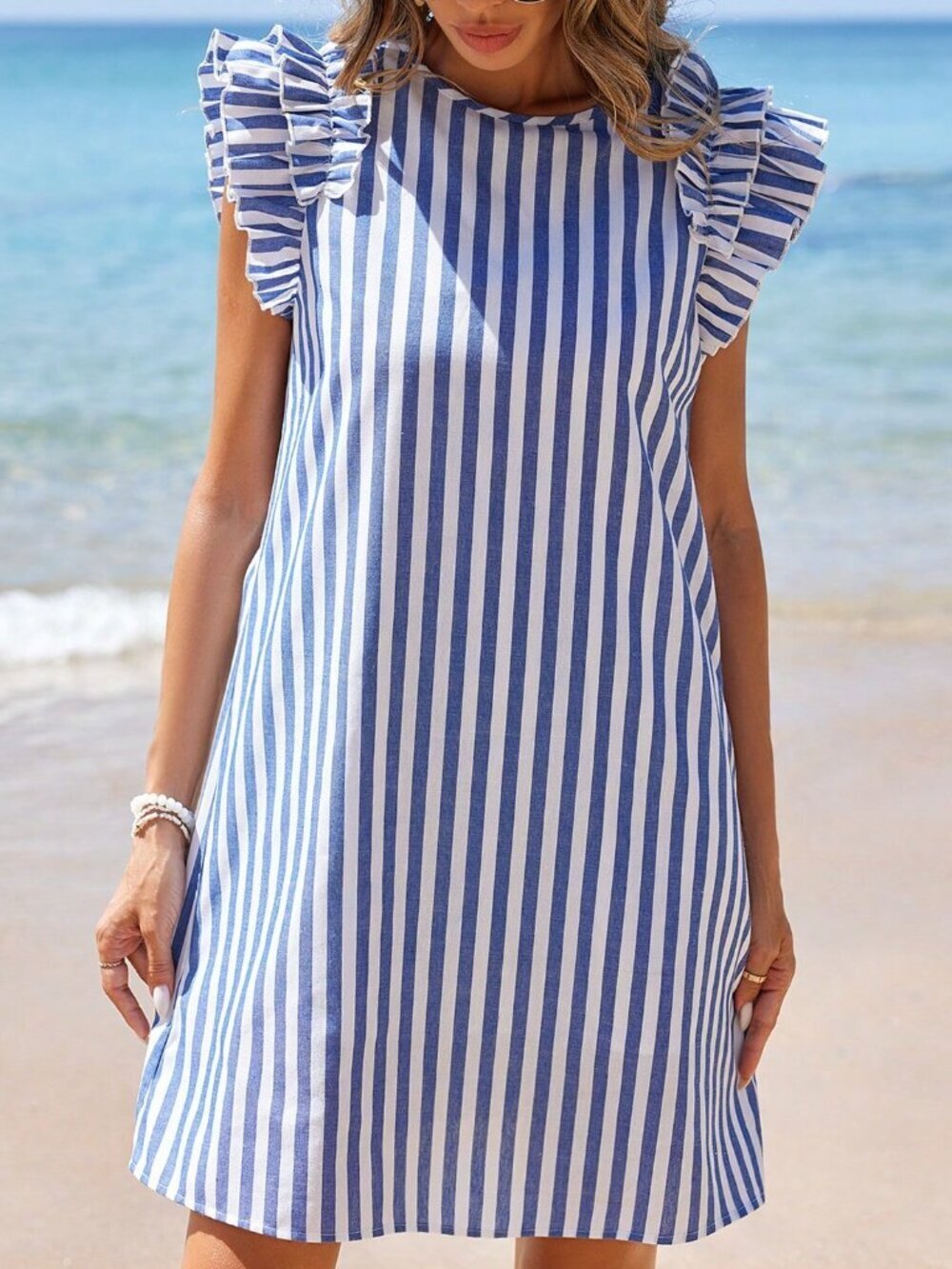 Blue And White Casual Women's Striped Ruffle Trim Strapless Dress - Picture 5 of 6